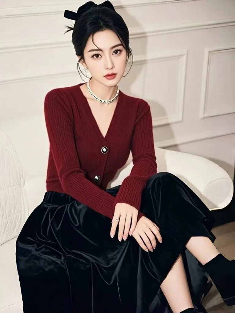 入秋搭配一整套韩系高级感红色v领针织开衫丝绒半身裙两件套装女