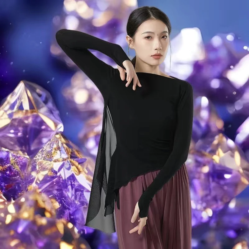 现代舞蹈服时尚女春夏新款显瘦身韵舞衣长袖飘纱修身中袖形体服