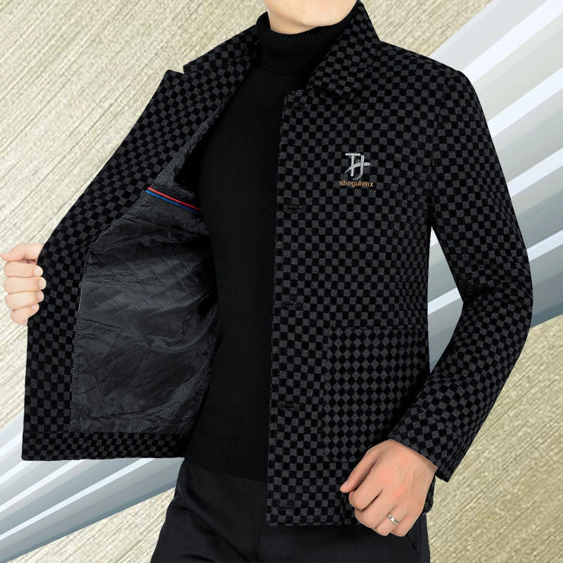 啄木鸟新款男装男士翻领加棉加厚夹克男中年秋冬保暖外套爸爸上衣