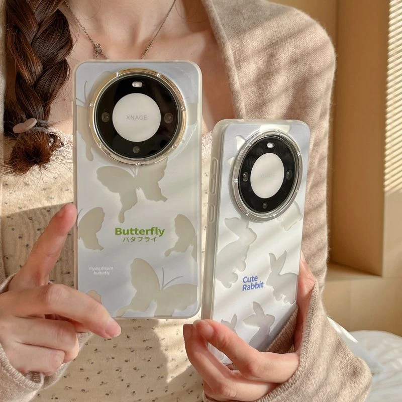 兔子蝴蝶彩银壳适用华为mate60手机壳Mate60Pro+保护套硬壳全包