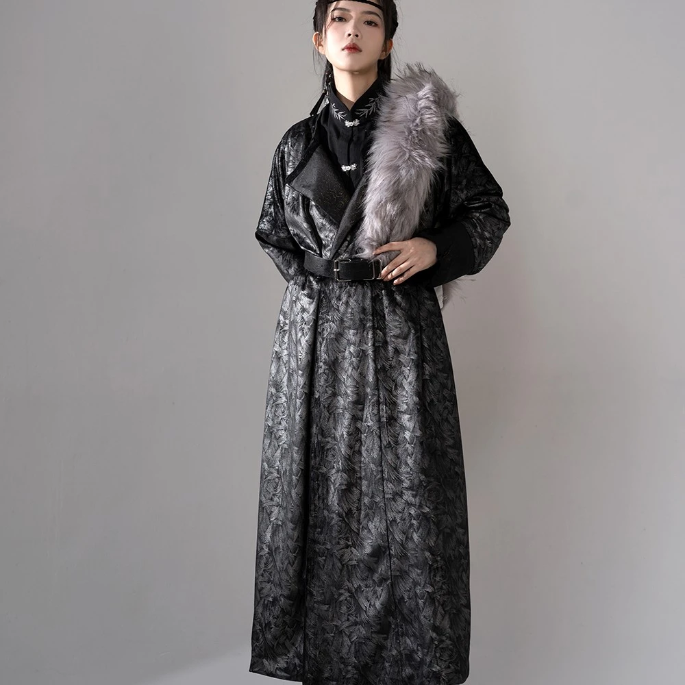 唐圆领袍等云来【墨渊】正品原创汉服改良唐圆领黑色系麂皮绒