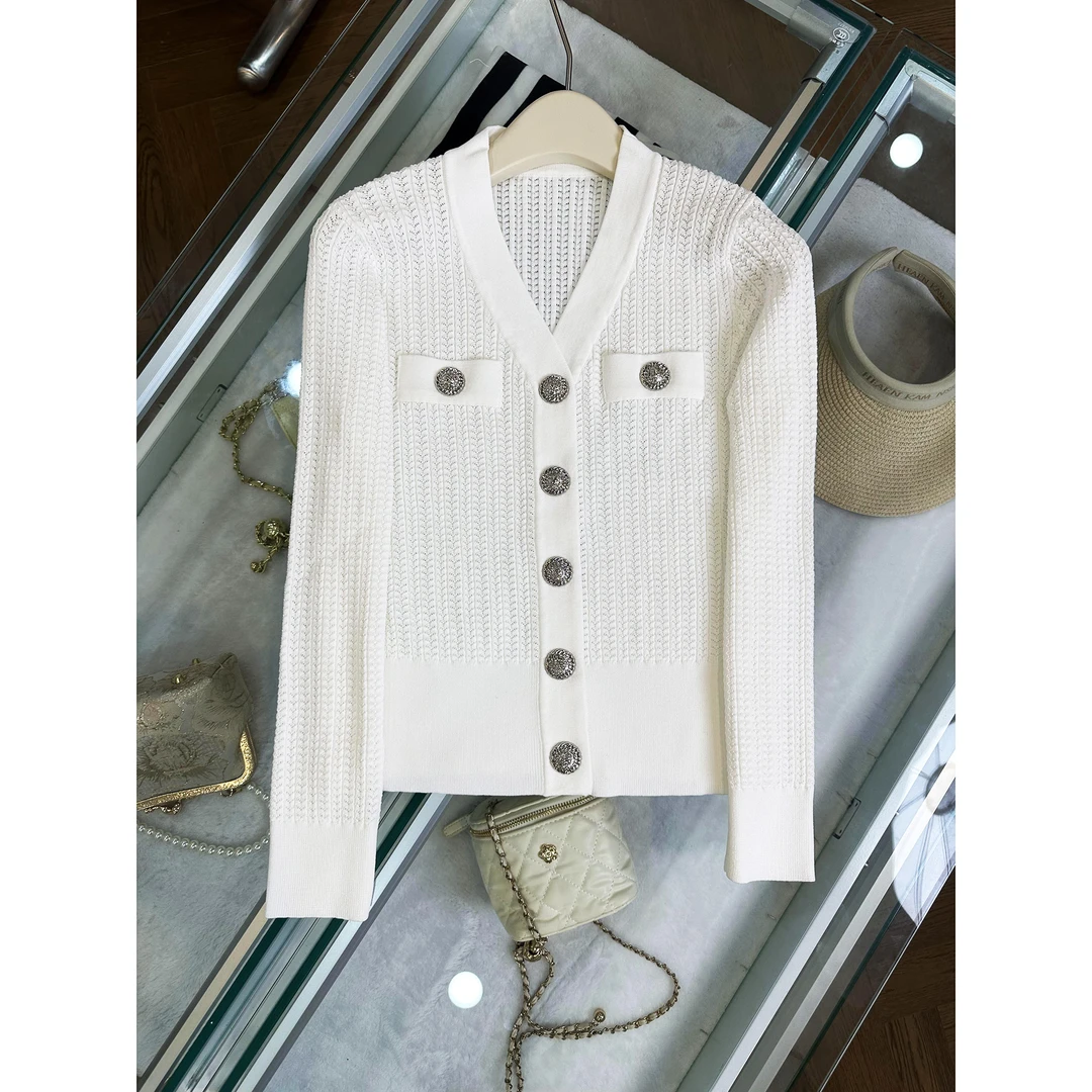 法式V领气质名媛复古修身显瘦小香风针织开衫上衣外套