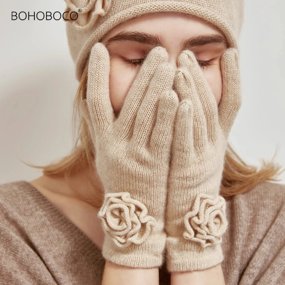 纯山羊绒手套女秋冬天保暖薄款玫瑰花分指针织手套手套红色手套