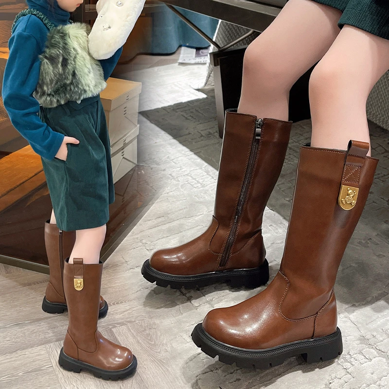 女童长靴子儿童高筒长筒靴2023新款小女孩皮靴秋冬季加绒公主长靴