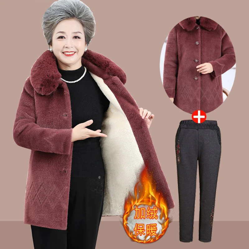 奶奶装秋冬加绒外套中老年妈妈装水貂绒大衣女加厚保暖老人棉衣服
