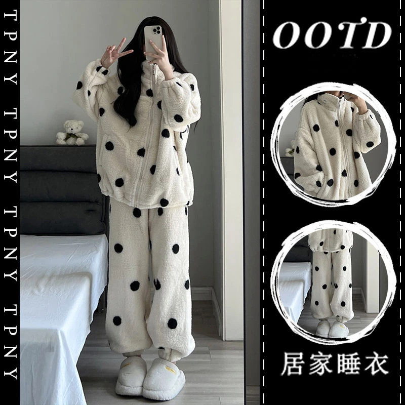 黑色圆点秋冬季法兰绒睡衣女爆款2024新款加绒加厚网红外穿家居服