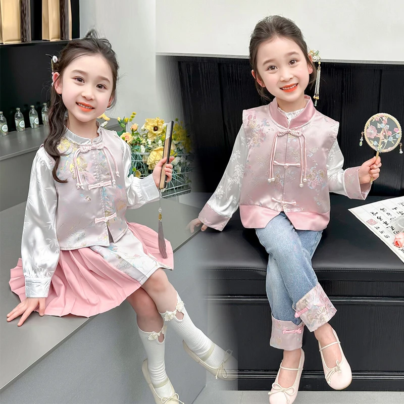 姐妹装女一大一小儿童套装春秋2025新中式国风女童可爱甜妹三件套