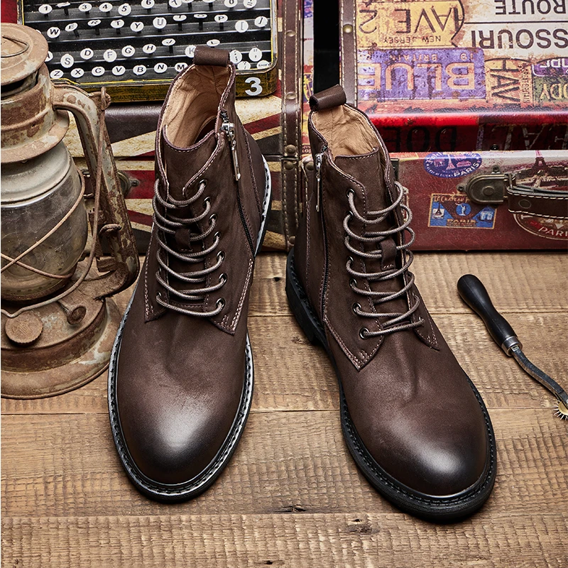 英伦风休闲马丁靴工装靴男士男款牛皮复古真皮百搭户外高帮靴子