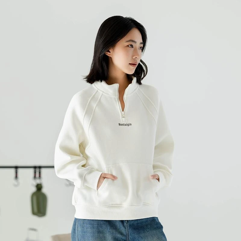 中和休休闲立领卫衣女2024冬季新款小个子抓绒拉链上衣休闲外套潮