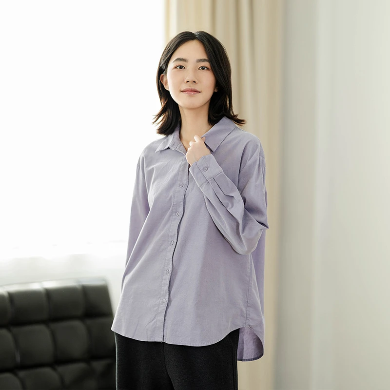 中和休闲长袖衬衫女2024冬季新款纯棉磨毛保暖内搭简约纯色衬衣