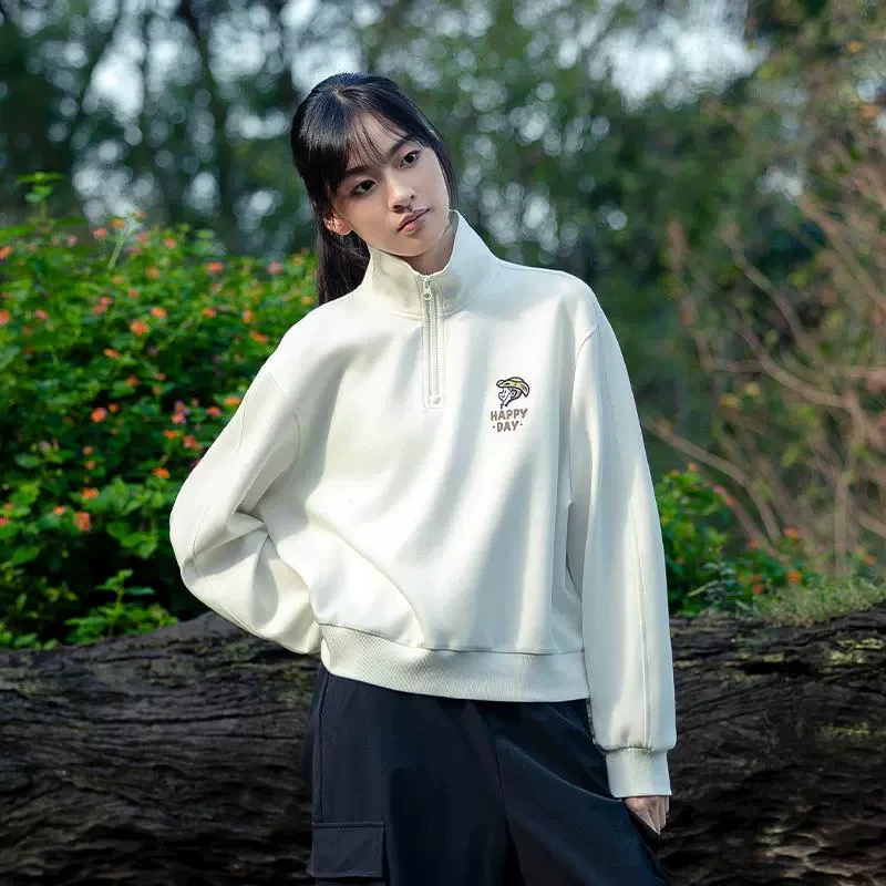 中和休闲短款超宽松立领卫衣女2025春季新款美式半拉链小个子上衣