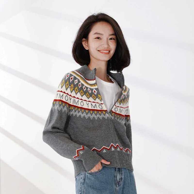 【商场同款】中和休闲宽松复古名族风毛织开衫女针织衫B63223361