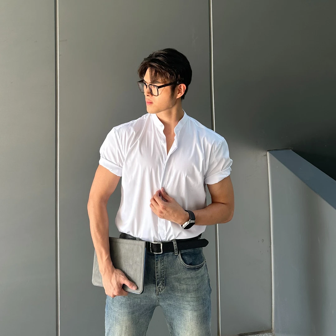 抗皱立领中袖商务休闲简约高级感四季纯色百搭垂感衬衣衬衫设计感