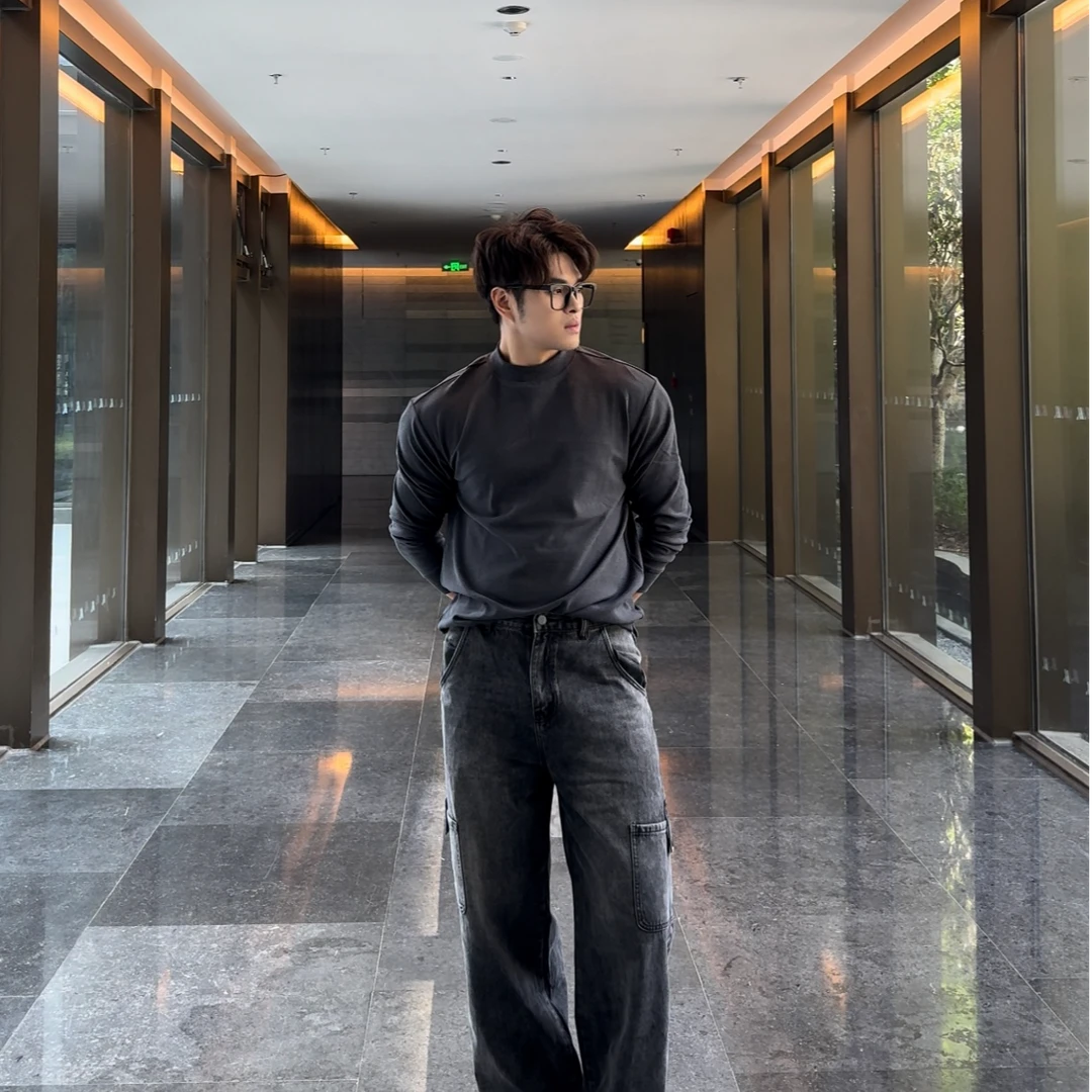 MMG秋冬中领半高领保暖韩系时尚双面德绒纯色男士微宽松长袖卫衣