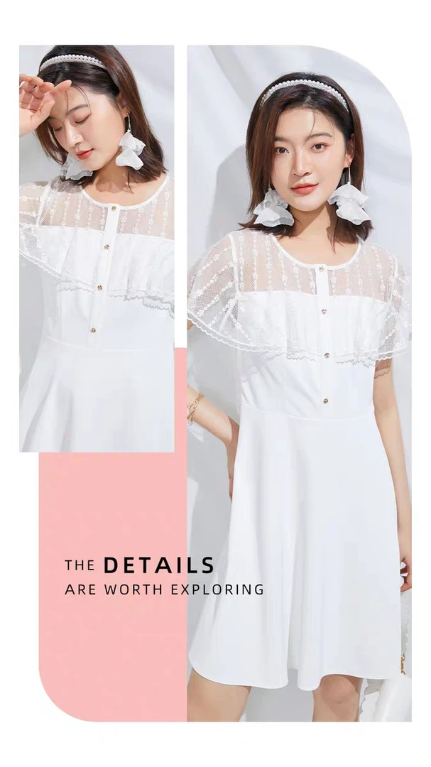 连衣裙简约韩版礼服百搭收腰气质花瓣袖白色法式蕾丝