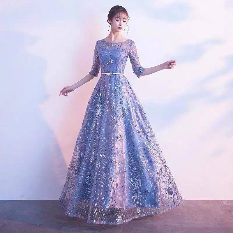 蓝色羽毛微掉闪新款气质长款演出修身主持人宴会大合唱女