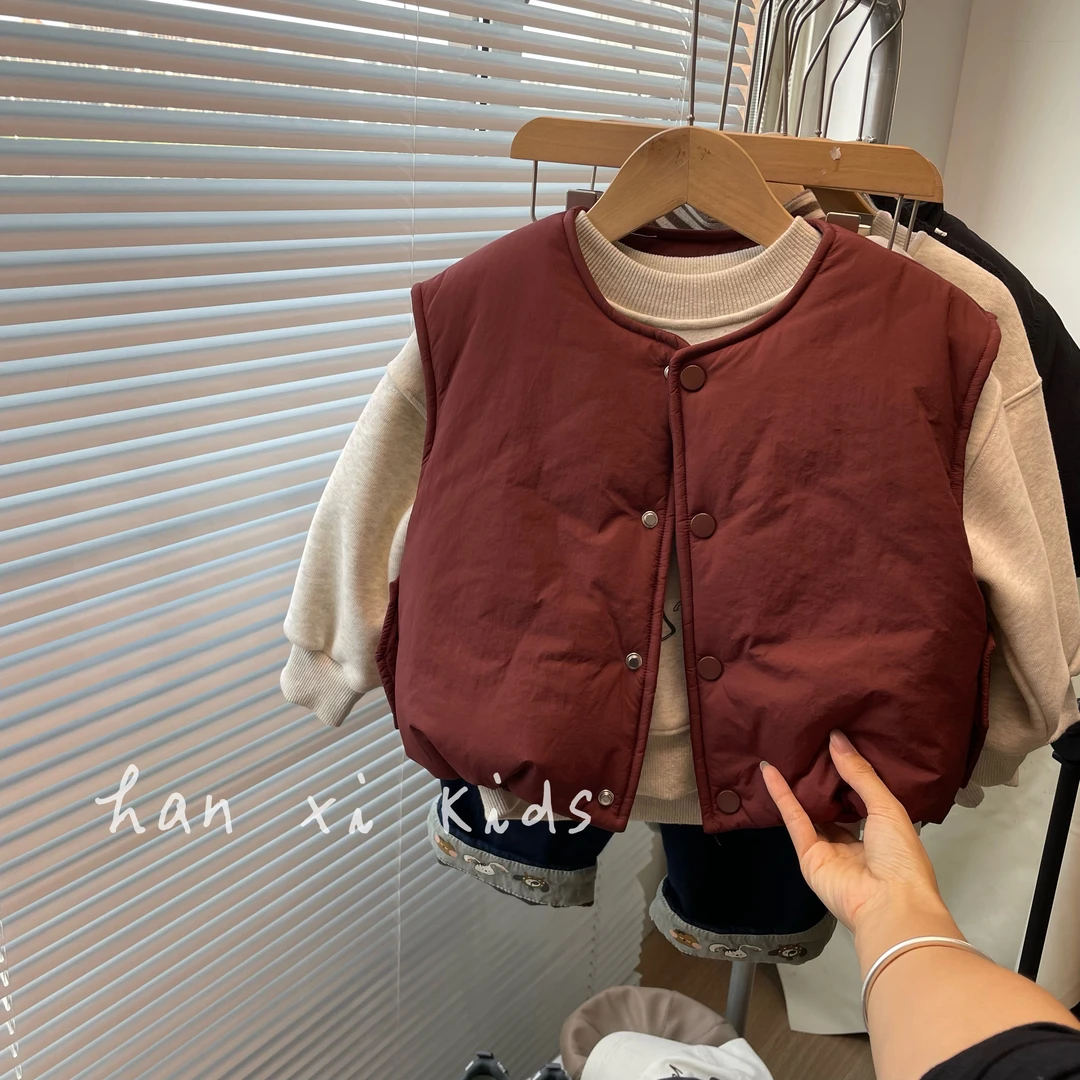 实用百搭！韩国男女童小泡芙棉马甲儿童百搭纯色夹棉坎肩上衣秋冬