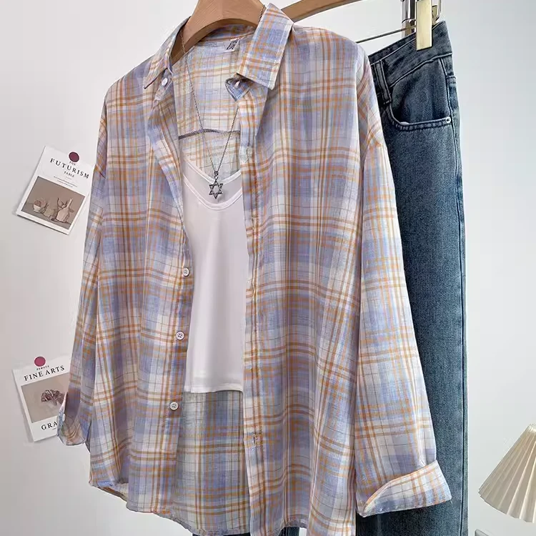 早秋复古港味日系格子长袖衬衫女新款设计感小众宽松休闲韩版上衣