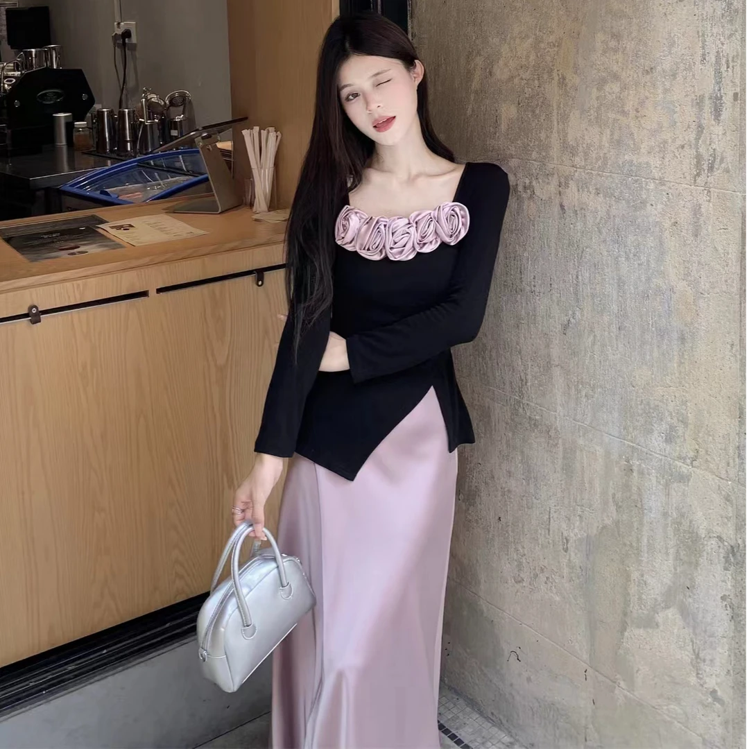 立体玫瑰气质方领掐腰开叉T恤缎面半身长裙女早秋新款时尚两件套