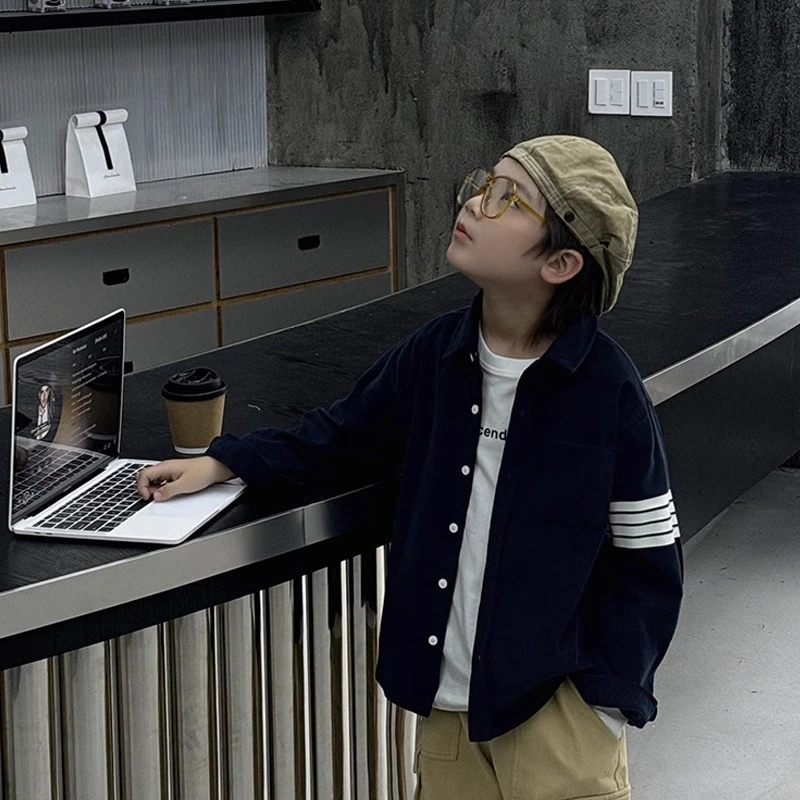 男童一体绒衬衫2025秋冬新款百搭韩版中大童加绒衬衣男孩洋气开衫