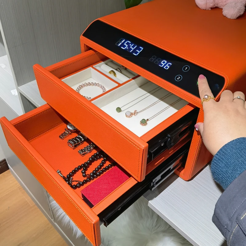 迪团首饰保险柜家用小型指纹密码抽屉式保险箱双层办公智能全钢