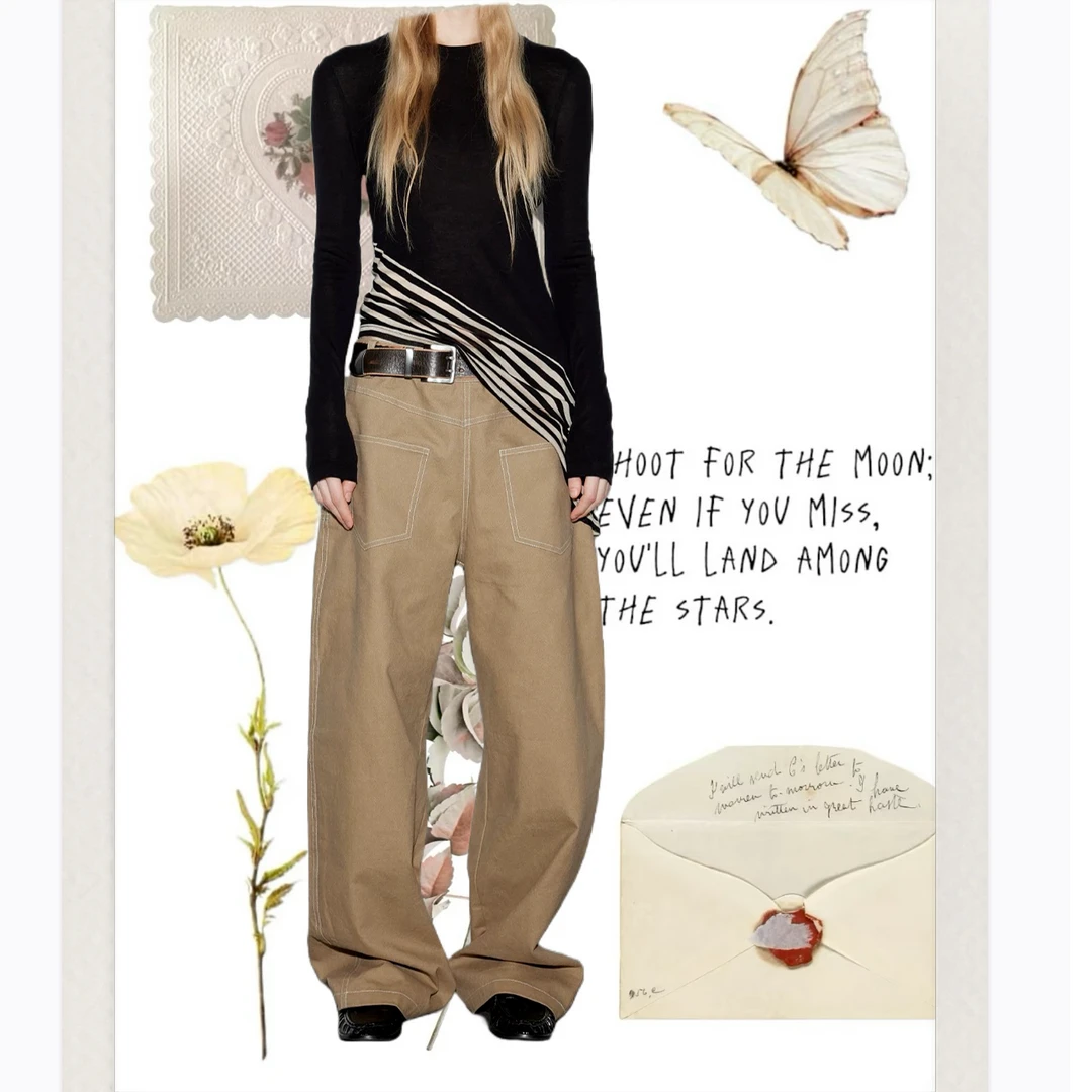 【安-自由生长】 条纹拼接不对称斜摆天丝长袖打底