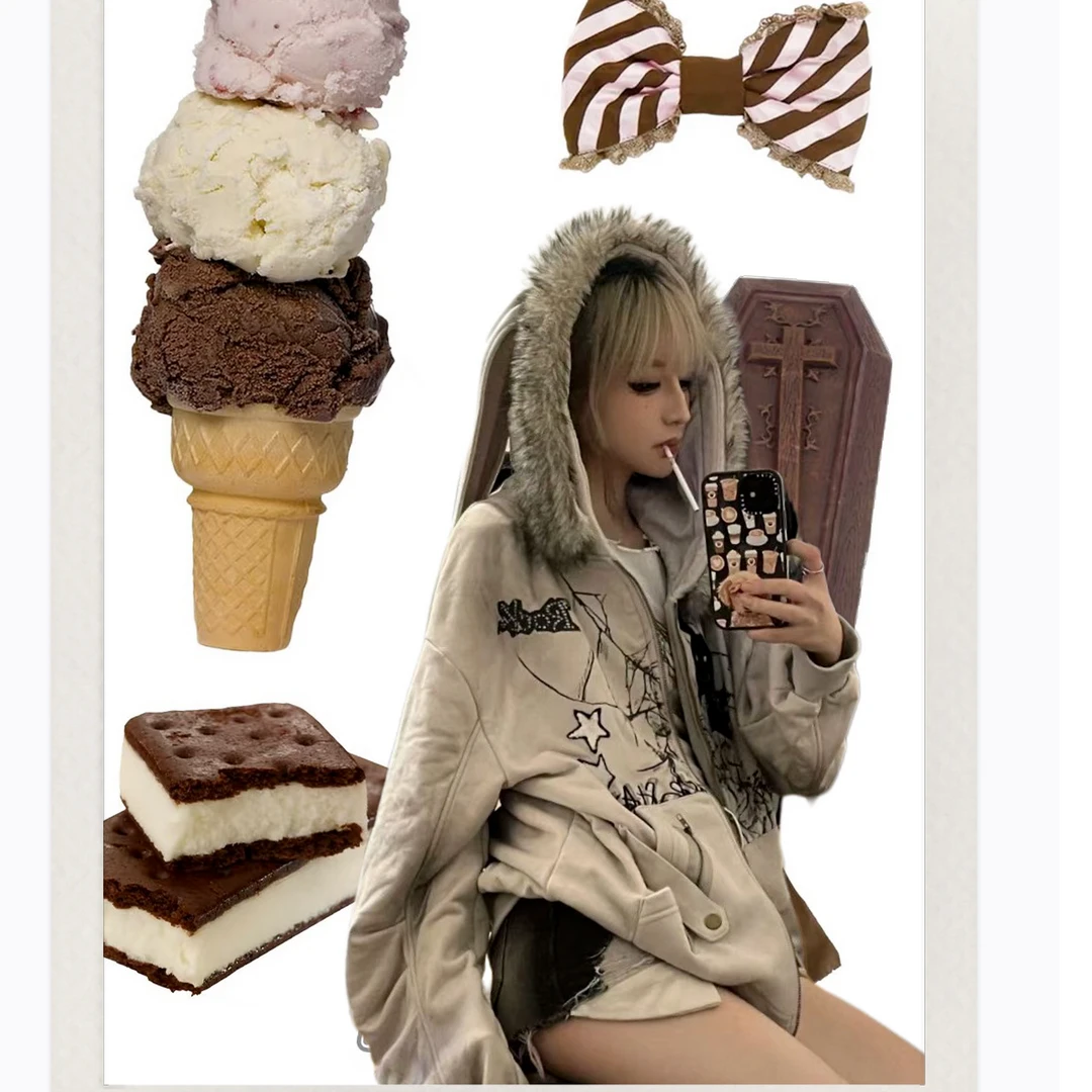 【安—环球影城】兔耳连帽外套灰毛棉服亚比Y2K加绒加厚女上衣秋冬