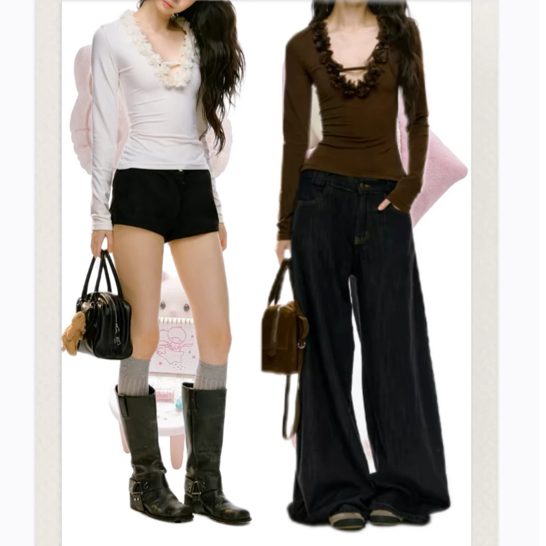 【安—氧气】设计秋冬新款纯欲性感辣妹修身显身材v领打底衫上衣