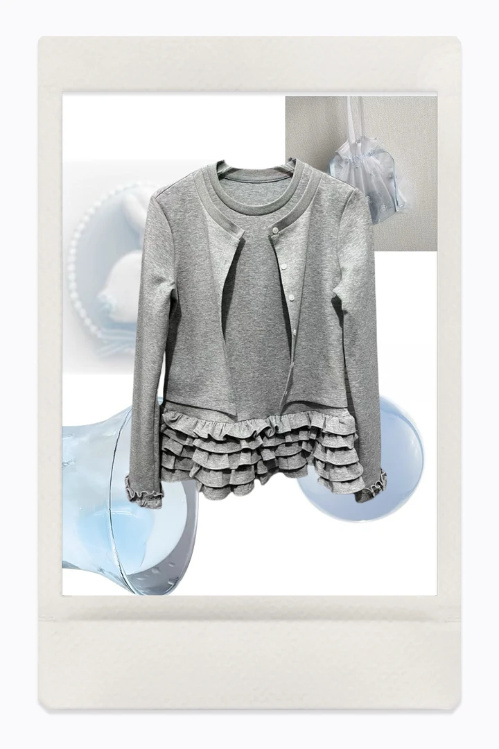 【安-唐顿庄园】灰色假两件开衫外套女秋冬新款下摆荷叶边拼接上衣