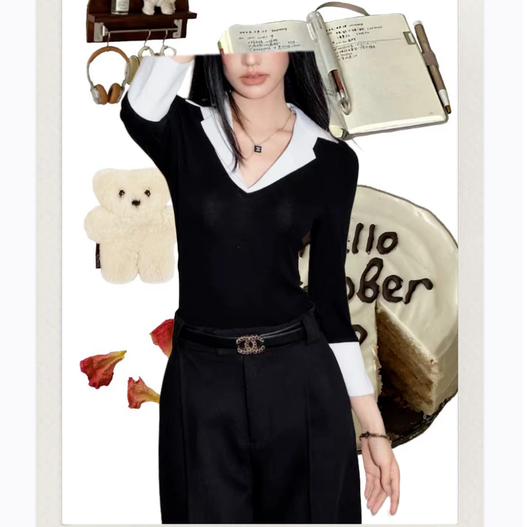 【安—澳洲留学生】假两件拼接修身t恤女磨毛秋冬内搭长袖上衣