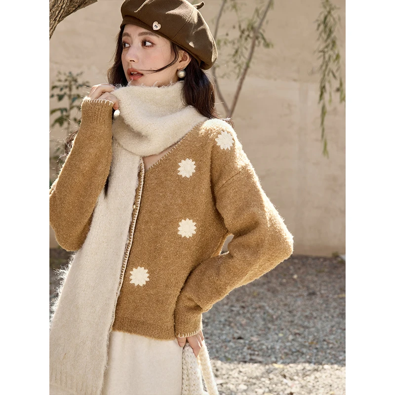 【年中大促】谜秀新品高级软糯提花毛衣开衫女冬温柔风针织外套上衣