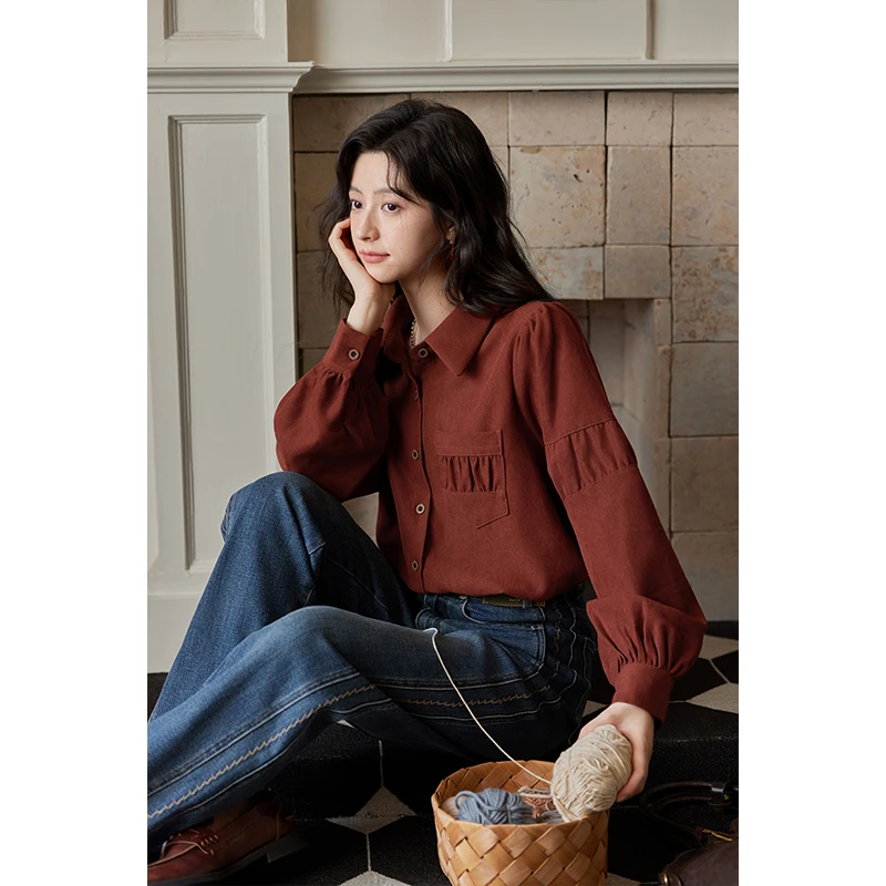 谜秀法式复古磨毛红色衬衫女秋冬季韩版设计感春秋衬衣长袖百搭