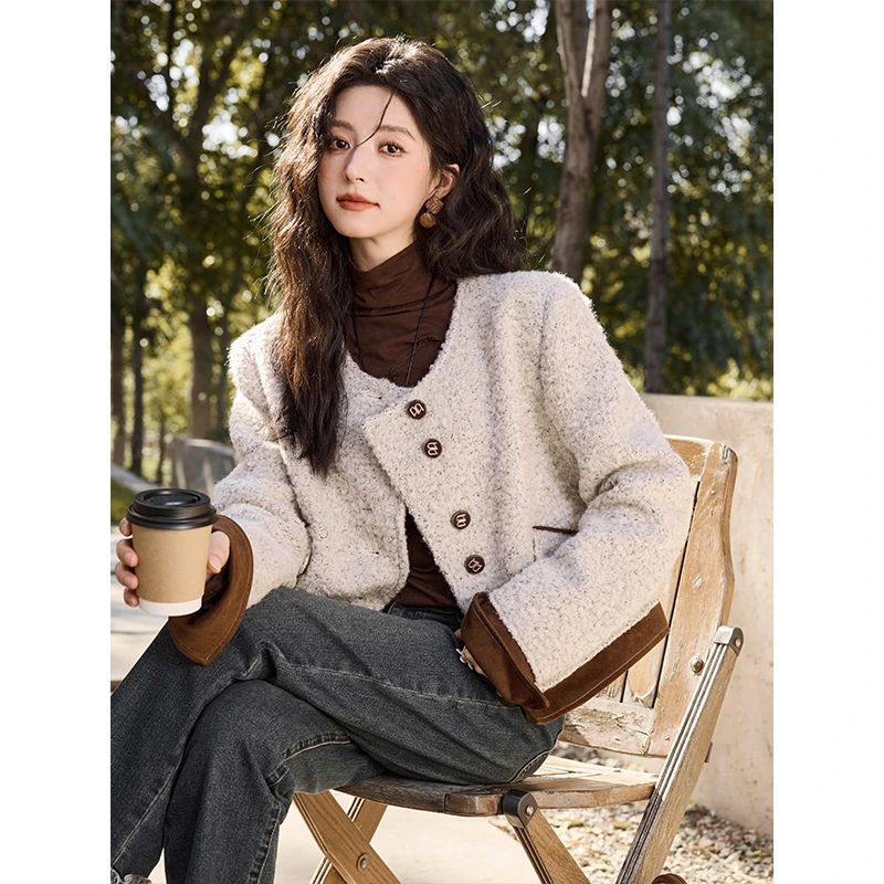 谜秀撞色小香风圈圈呢短款毛呢外套小个子高级感呢子大衣气质时尚