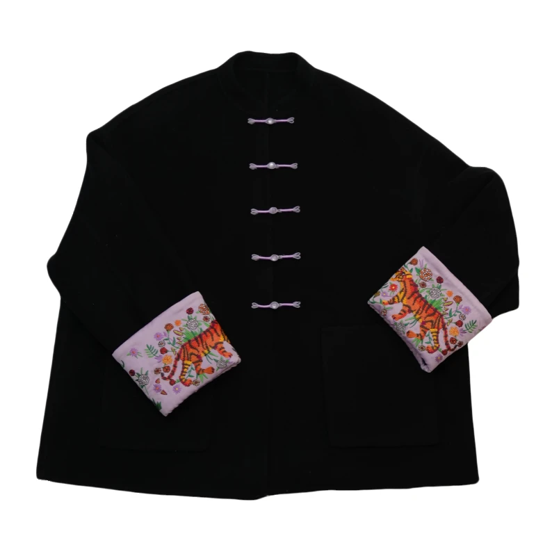 新中式猛虎下山刺绣澳毛双面呢中长款大衣黑色中国风秋冬绣花