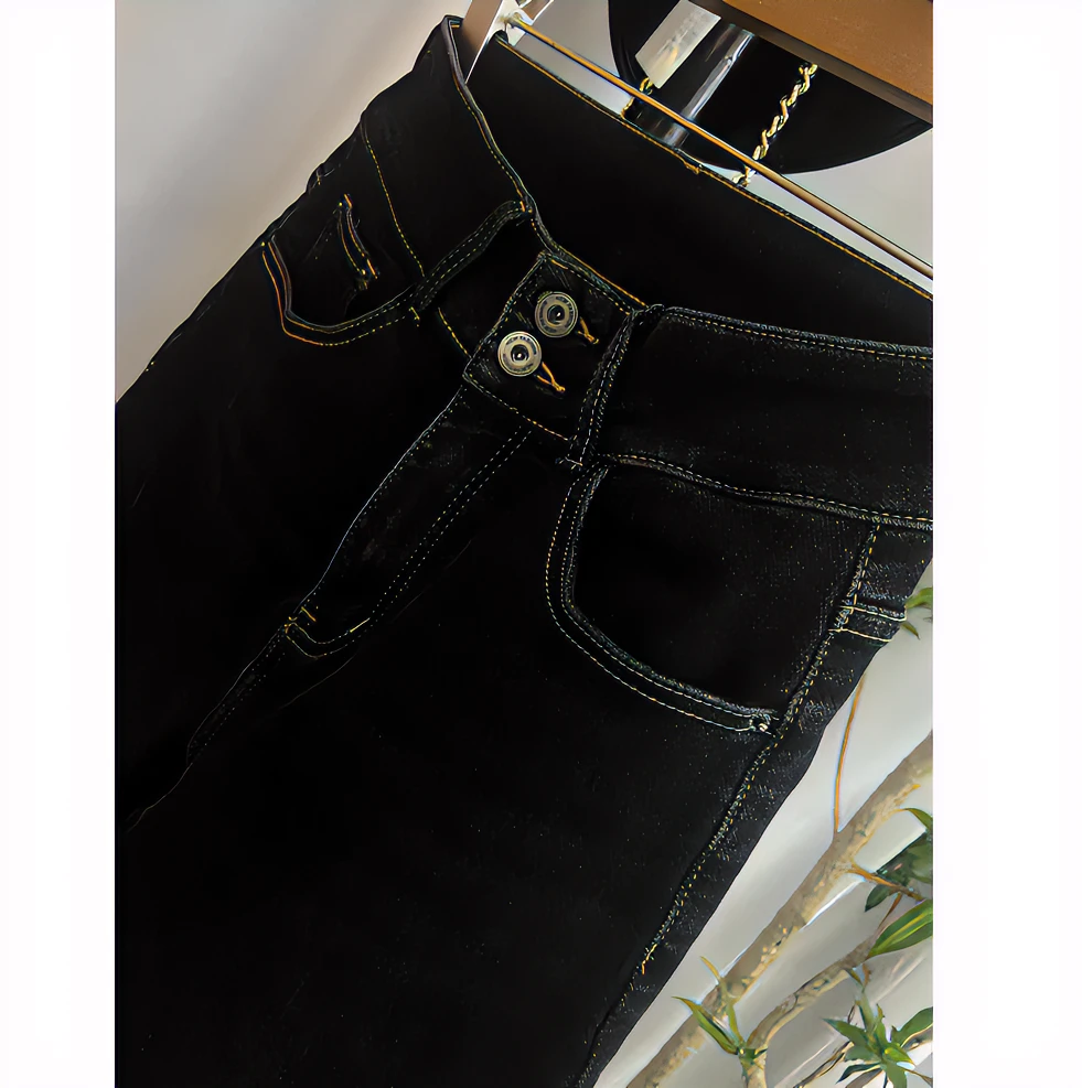 新款烟灰色牛仔毛巾底老爹裤中高腰弹力小跨裤99060