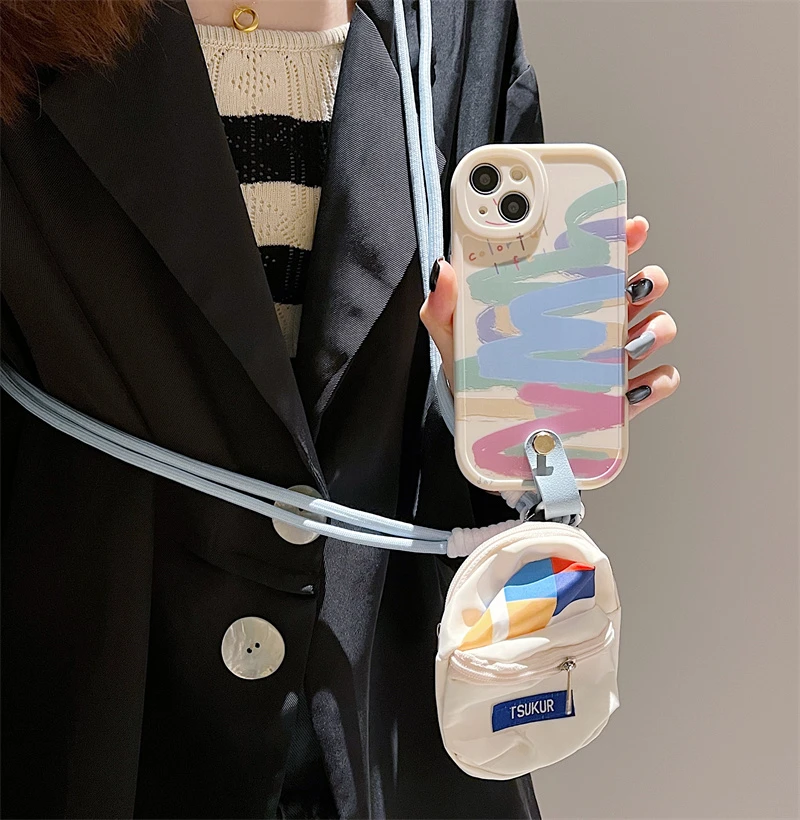 涂鸦油画斜挎包适用苹果华为荣耀oppo小米红米vivo全包防摔手机壳