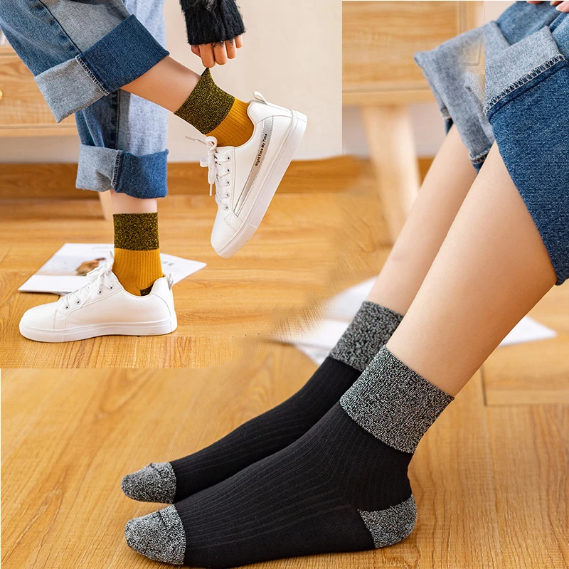 袜子女春季纯棉中筒百搭ins潮金银丝亮丝网红银葱运动韩版堆堆袜