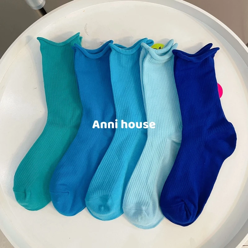 蓝色袜子女克莱因蓝薄款纯棉纯色夏季中筒卷边堆堆高筒长筒五月份