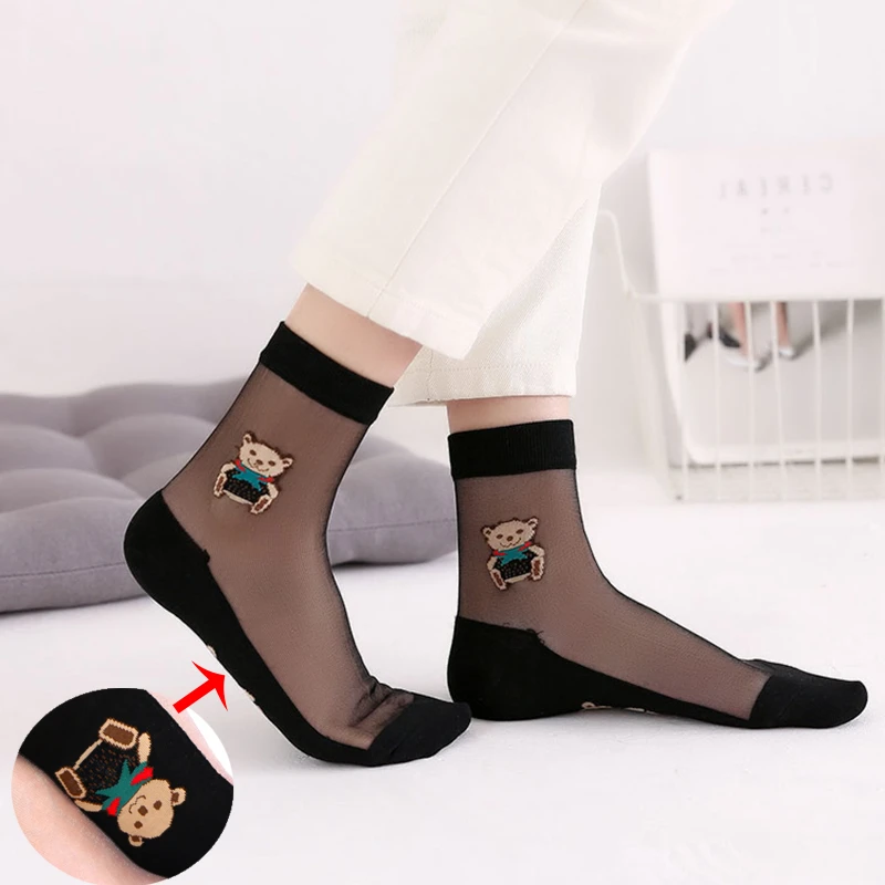 丝袜女短春秋薄款水晶玻璃冰丝袜子耐磨防勾丝黑透明纯棉底中筒袜