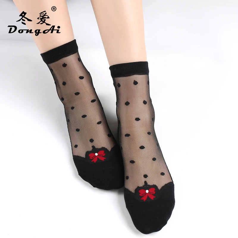 冬爱春夏季薄款圆点丝袜女蝴蝶结可爱日系袜子防滑棉底女士中筒袜