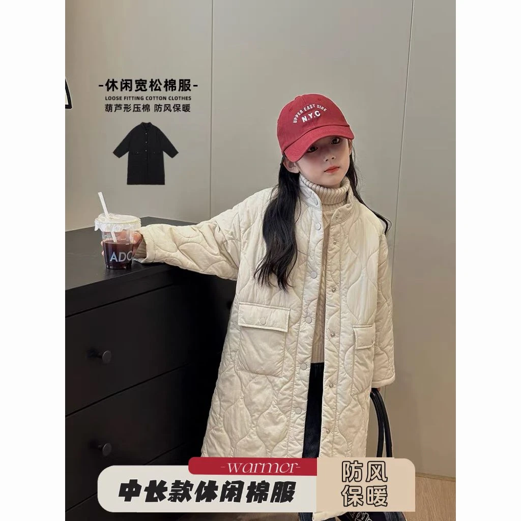 儿童棉服中长款2023冬新款韩版洋气儿童休闲轻薄棉袄外套过膝保暖