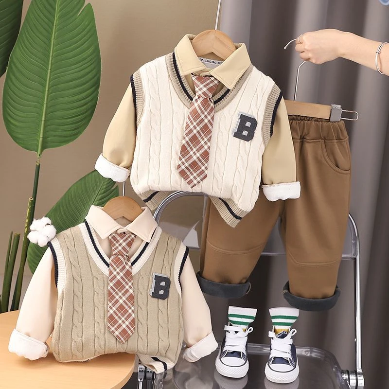 儿童装冬季加绒加厚韩版三件套男童学院风马甲冬装衣服宝宝帅气潮