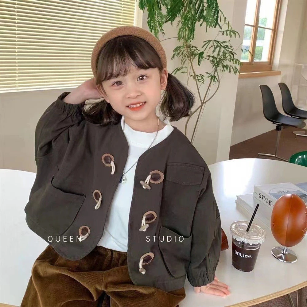 2022秋季新品韩版女童纯色牛角扣外套男宝宝休闲工装长袖夹克上衣
