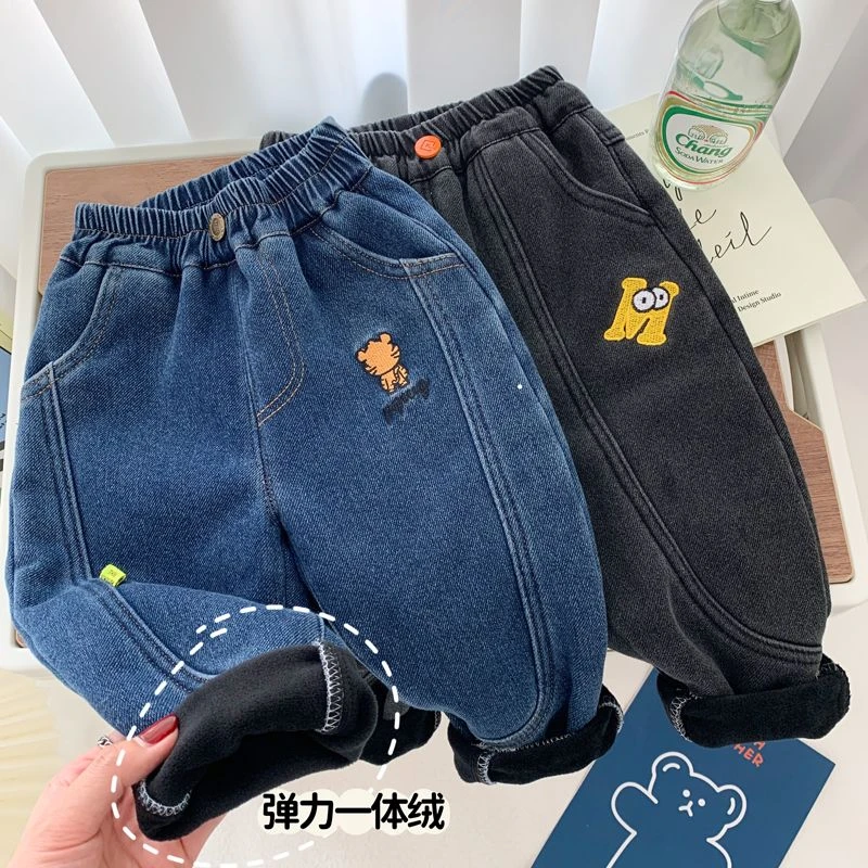 男童一体绒牛仔裤儿童宽松柔软弹力休闲裤洋气小童冬季加绒老爹裤