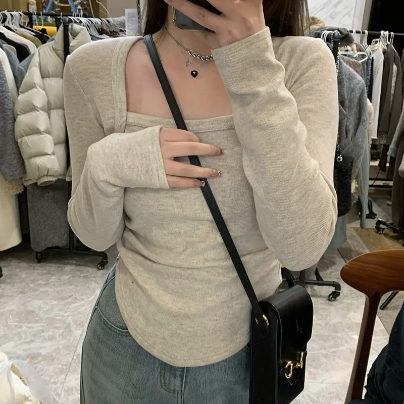 美拉德方领正肩加绒打底T恤女秋冬季设计感不规则下摆ins短款上衣