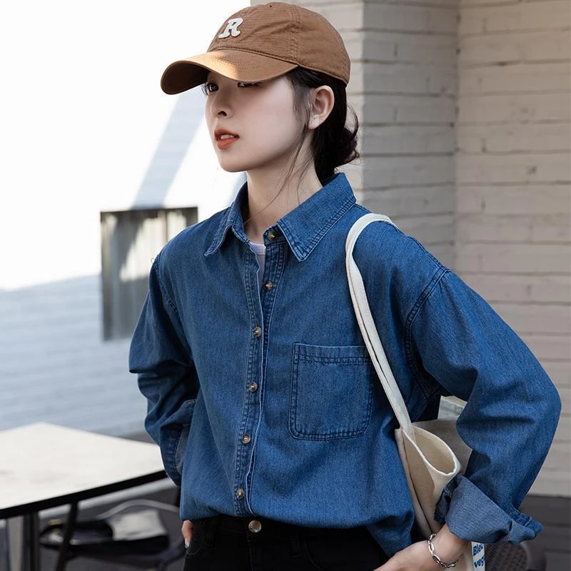 春秋季新款韩系宽松叠穿外套上衣港风休闲复古蓝长袖牛仔衬衫女士