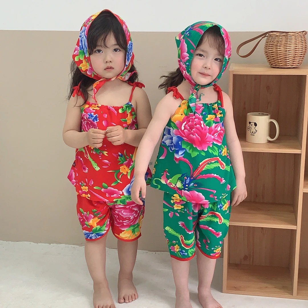 儿童东北大花吊带套装网红宝宝背心短裤两件套男女童夏季薄外出服