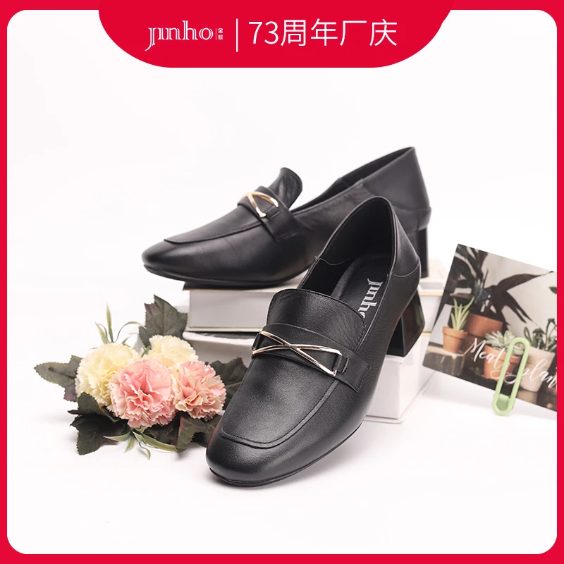 Jinho/金猴时尚百搭真皮方头女单鞋粗跟乐福鞋,150360A黑色春秋
