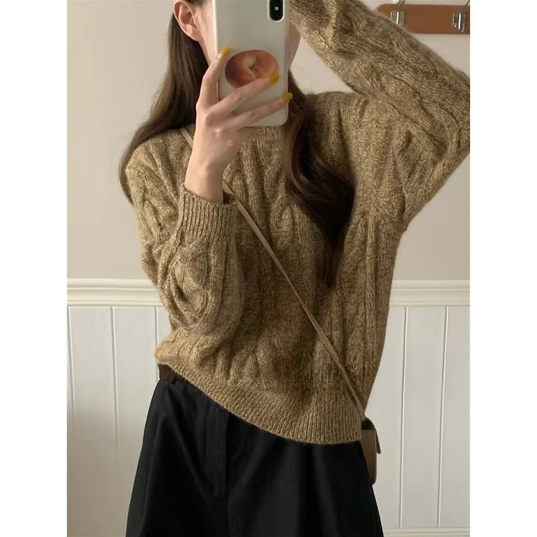 蜜熊绒~~~大麻花花纱套头！！！圆领秋冬宽松毛衣女加厚针织衫