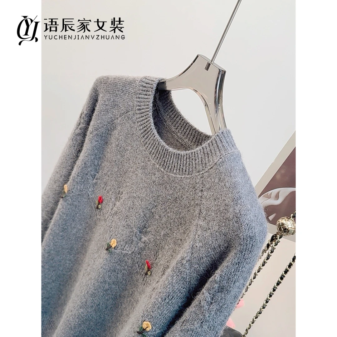 立体小花插肩套头打底！！针织衫毛衣女圆领宽松内搭B252